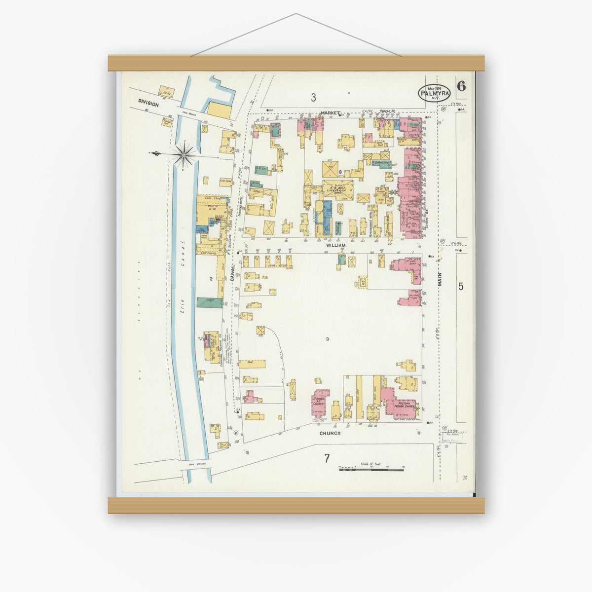 Old map wall art mockup — magnetic wood frame on white wall — Sanborn Fire Insurance Map from Palmyra, Wayne County, New York (1906), Sheet #0006