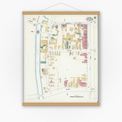 Old map wall art mockup — magnetic wood frame on white wall — Sanborn Fire Insurance Map from Palmyra, Wayne County, New York (1906), Sheet #0006