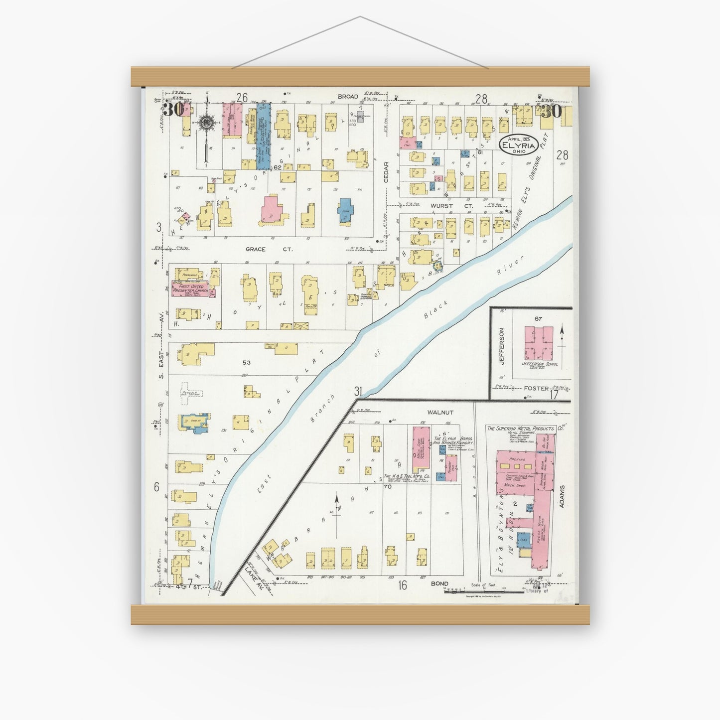 Old map wall art mockup — magnetic wood frame on white wall — Sanborn Fire Insurance Map from Elyria, Lorain County, Ohio (1925), Sheet #0030