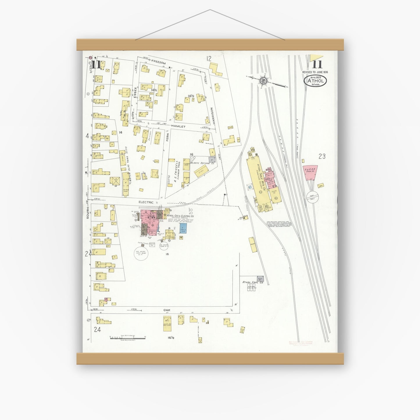 Old map wall art mockup — magnetic wood frame on white wall — Sanborn Fire Insurance Map from Athol, Worcester County, Massachusetts (1936), Sheet #0011