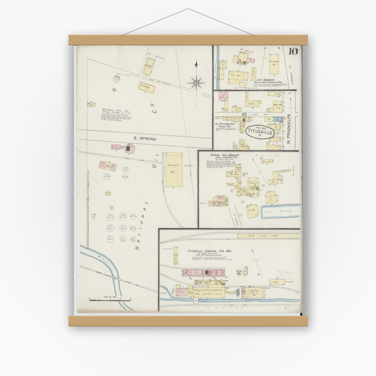Old map wall art mockup — magnetic wood frame on white wall — Sanborn Fire Insurance Map from Titusville, Crawford County, Pennsylvania (1887), Sheet #0010