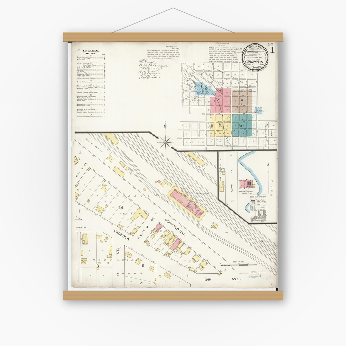 Old map wall art mockup — magnetic wood frame on white wall — Sanborn Fire Insurance Map from Chariton, Lucas County, Iowa (1893), Sheet #0001