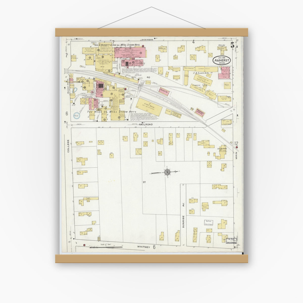 Old map wall art mockup — magnetic wood frame on white wall — Sanborn Fire Insurance Map from Amherst, Hampshire County, Massachusetts (1916), Sheet #0005
