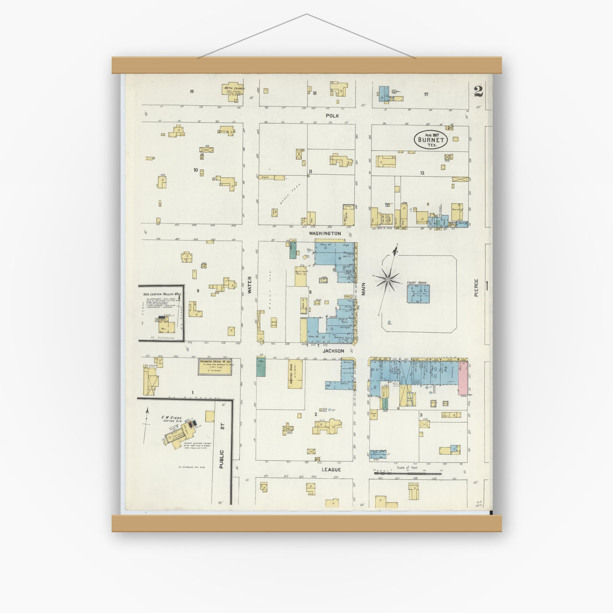 Old map wall art mockup — magnetic wood frame on white wall — Sanborn Fire Insurance Map from Burnet, Burnet County, Texas (1907), Sheet #0002