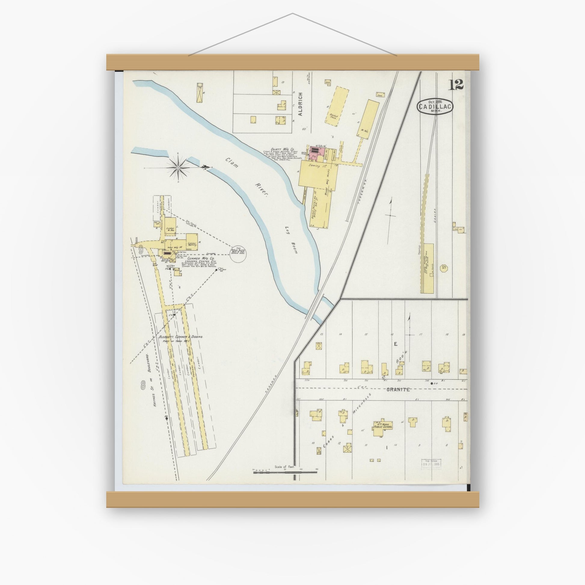Old map wall art mockup — magnetic wood frame on white wall — Sanborn Fire Insurance Map from Cadillac, Wexford County, Michigan (1895), Sheet #0012