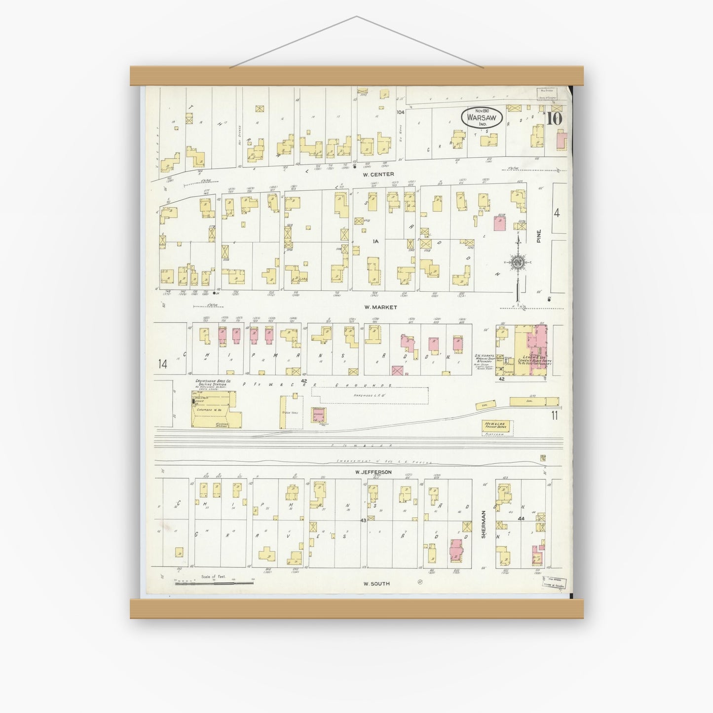 Old map wall art mockup — magnetic wood frame on white wall — Sanborn Fire Insurance Map from Warsaw, Kosciusko County, Indiana (1910), Sheet #0010