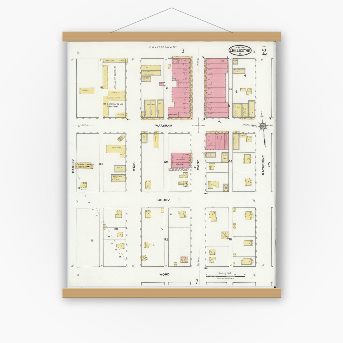 Old map wall art mockup — magnetic wood frame on white wall — Sanborn Fire Insurance Map from Chillicothe, Hardeman County, Texas (1921), Sheet #0002