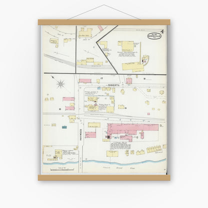 Old map wall art mockup — magnetic wood frame on white wall — Sanborn Fire Insurance Map from Asheville, Buncombe County, North Carolina (1891), Sheet #0004