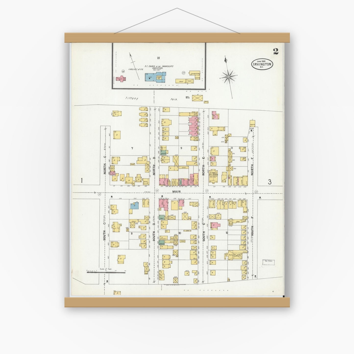 Old map wall art mockup — magnetic wood frame on white wall — Sanborn Fire Insurance Map from Irvington, Westchester County, New York (1900), Sheet #0002
