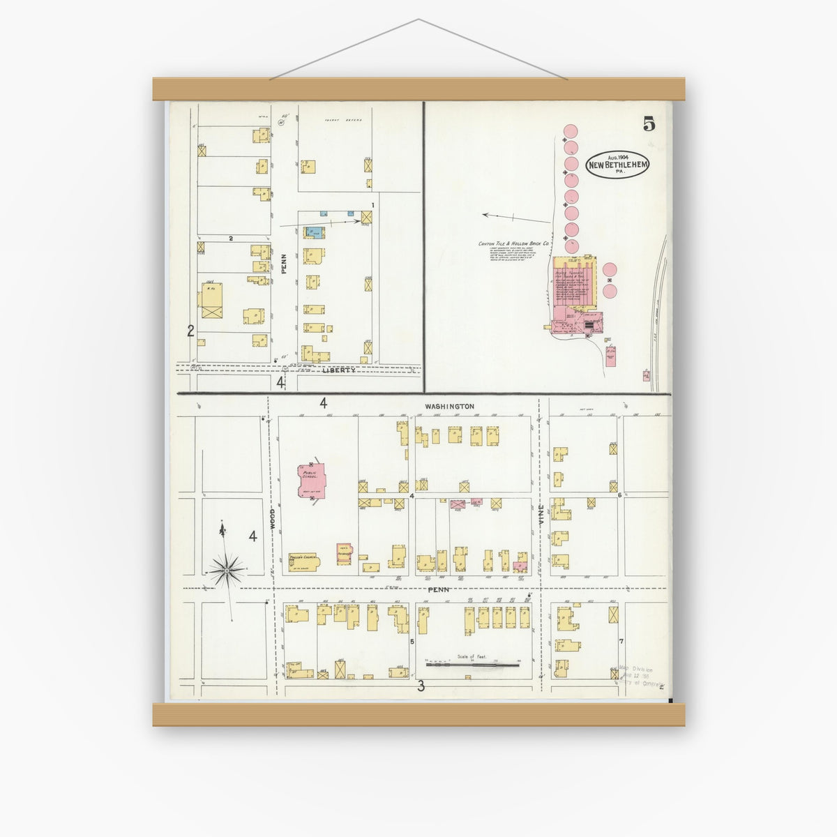 Old map wall art mockup — magnetic wood frame on white wall — Sanborn Fire Insurance Map from New Bethlehem, Clarion County, Pennsylvania (1904), Sheet #0005