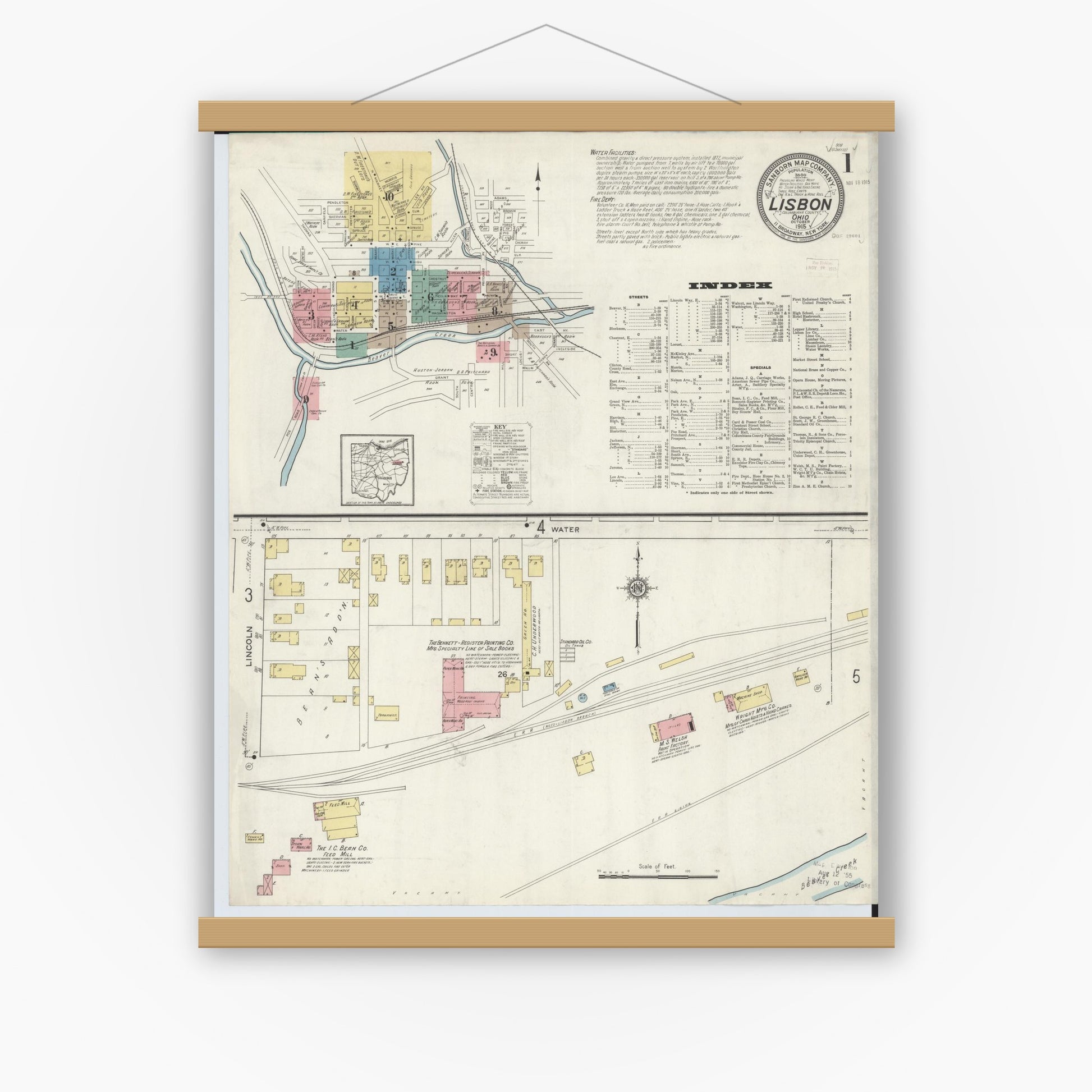 Old map wall art mockup — magnetic wood frame on white wall — Sanborn Fire Insurance Map from Lisbon, Columbiana County, Ohio (1915), Sheet #0001