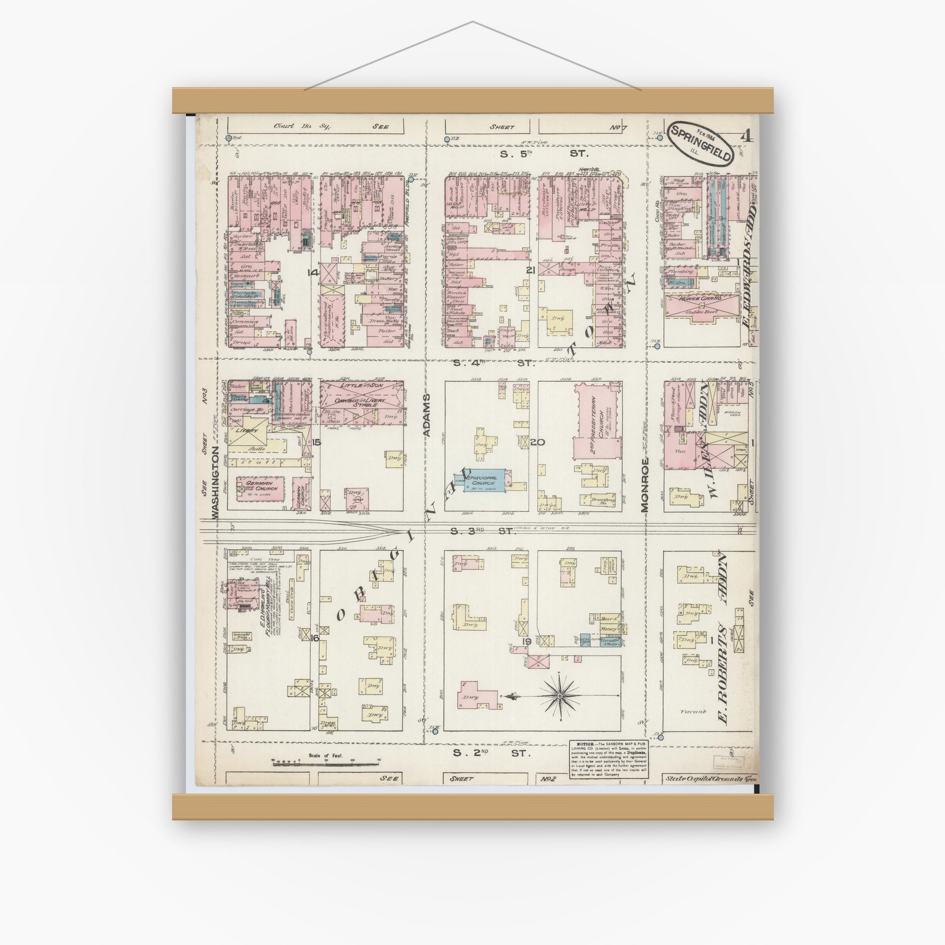 Old map wall art mockup — magnetic wood frame on white wall — Sanborn Fire Insurance Map from Springfield, Sangamon County, Illinois (1884), Sheet #0004
