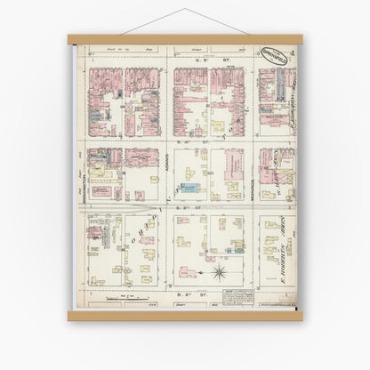 Old map wall art mockup — magnetic wood frame on white wall — Sanborn Fire Insurance Map from Springfield, Sangamon County, Illinois (1884), Sheet #0004