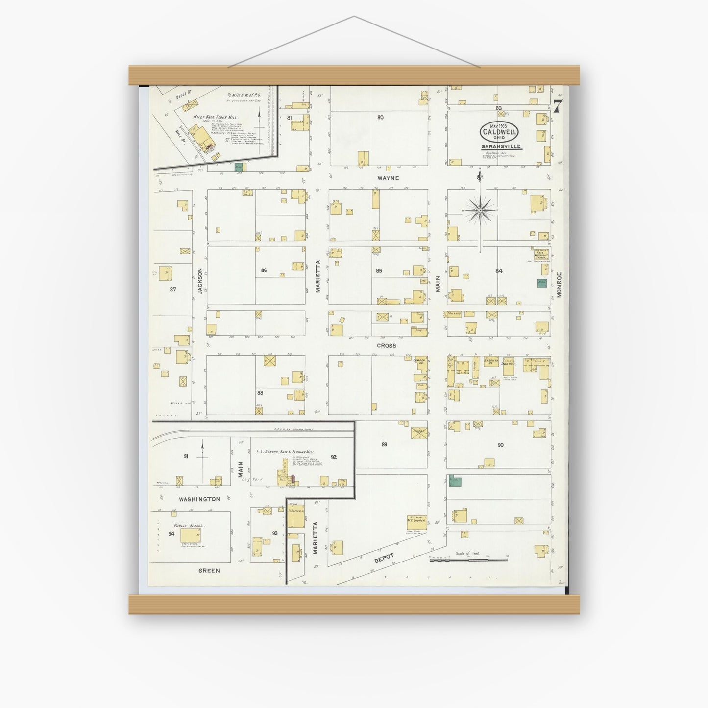 Old map wall art mockup — magnetic wood frame on white wall — Sanborn Fire Insurance Map from Caldwell, Noble County, Ohio (1905), Sheet #0007