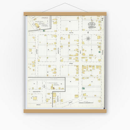 Old map wall art mockup — magnetic wood frame on white wall — Sanborn Fire Insurance Map from Caldwell, Noble County, Ohio (1905), Sheet #0007
