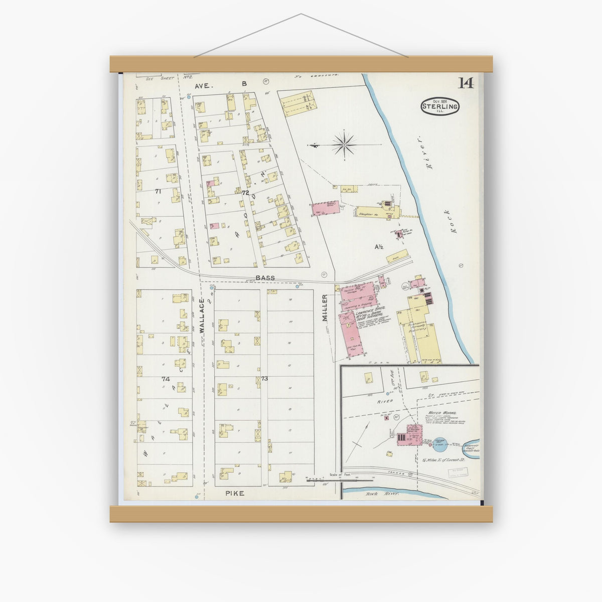 Old map wall art mockup — magnetic wood frame on white wall — Sanborn Fire Insurance Map from Sterling, Whiteside County, Illinois (1891), Sheet #0014