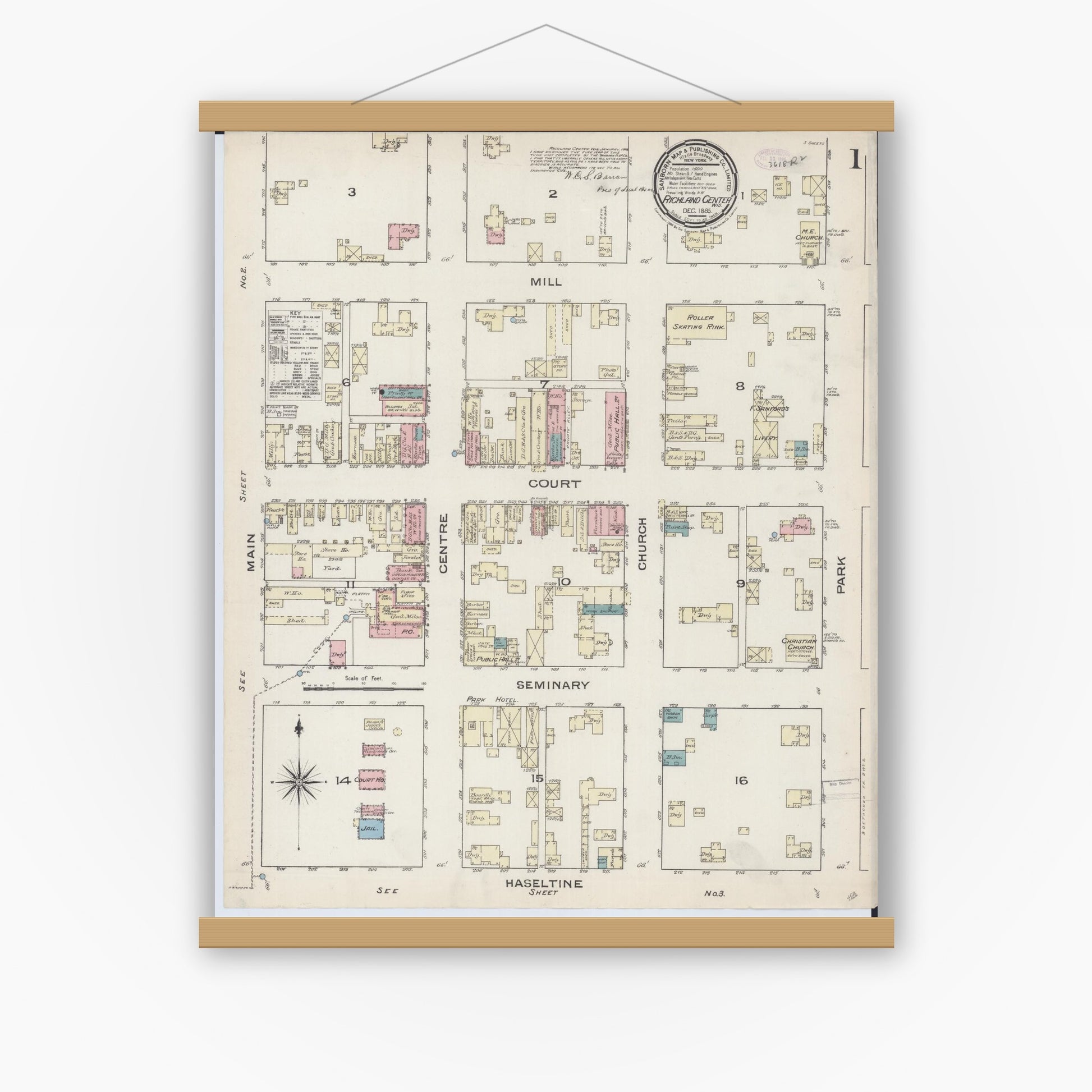 Old map wall art mockup — magnetic wood frame on white wall — Sanborn Fire Insurance Map from Richland Center, Richland County, Wisconsin (1883), Sheet #0001