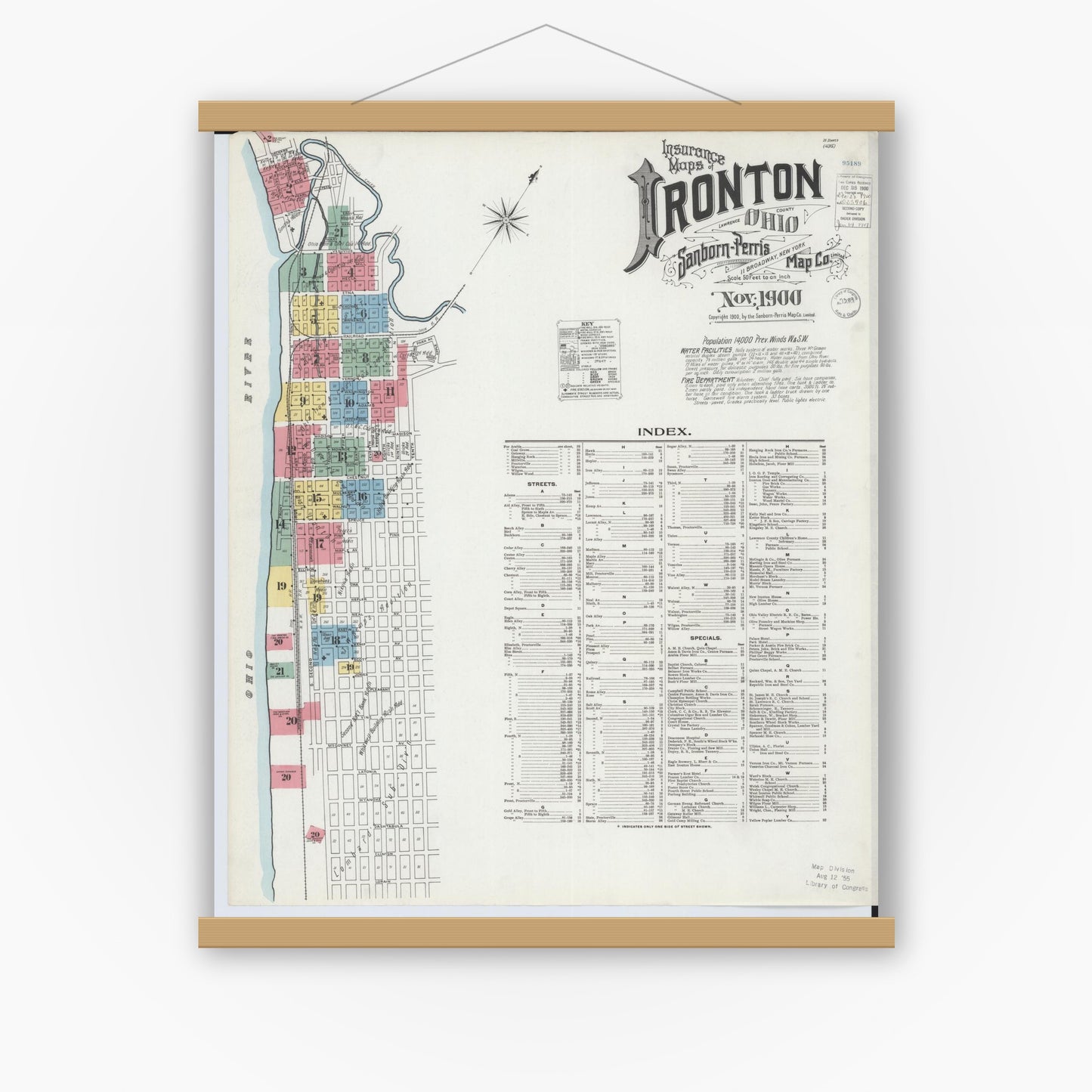 Old map wall art mockup — magnetic wood frame on white wall — Sanborn Fire Insurance Map from Ironton, Lawrence County, Ohio (1900) - Complete Map Set