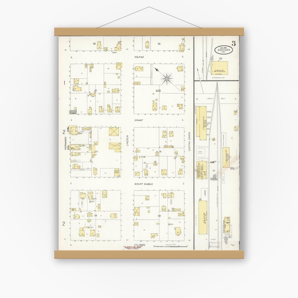 Old map wall art mockup — magnetic wood frame on white wall — Sanborn Fire Insurance Map from Concord, Contra Costa County, California (1903), Sheet #0003