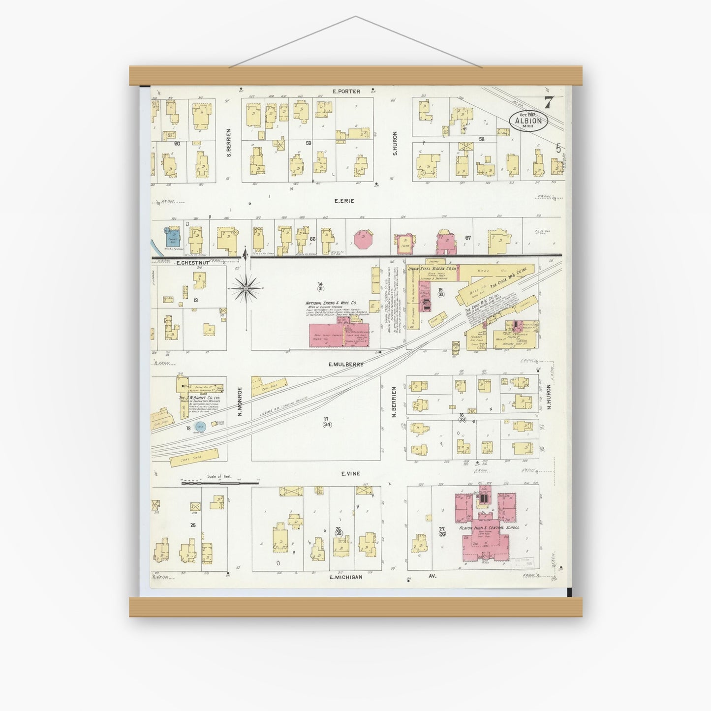 Old map wall art mockup — magnetic wood frame on white wall — Sanborn Fire Insurance Map from Albion, Calhoun County, Michigan (1907), Sheet #0007