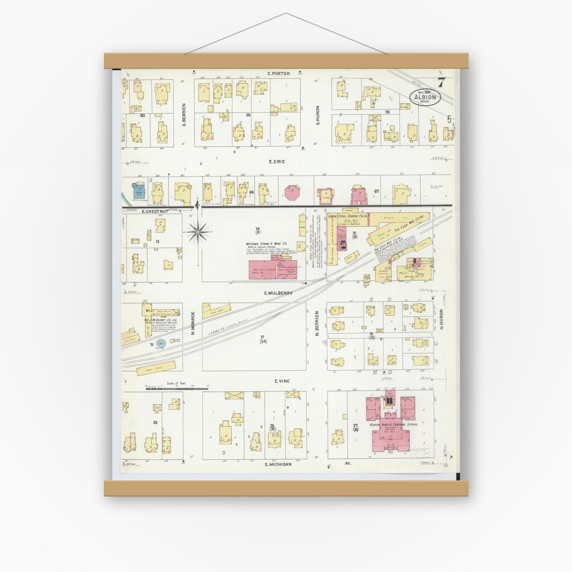 Old map wall art mockup — magnetic wood frame on white wall — Sanborn Fire Insurance Map from Albion, Calhoun County, Michigan (1907), Sheet #0007