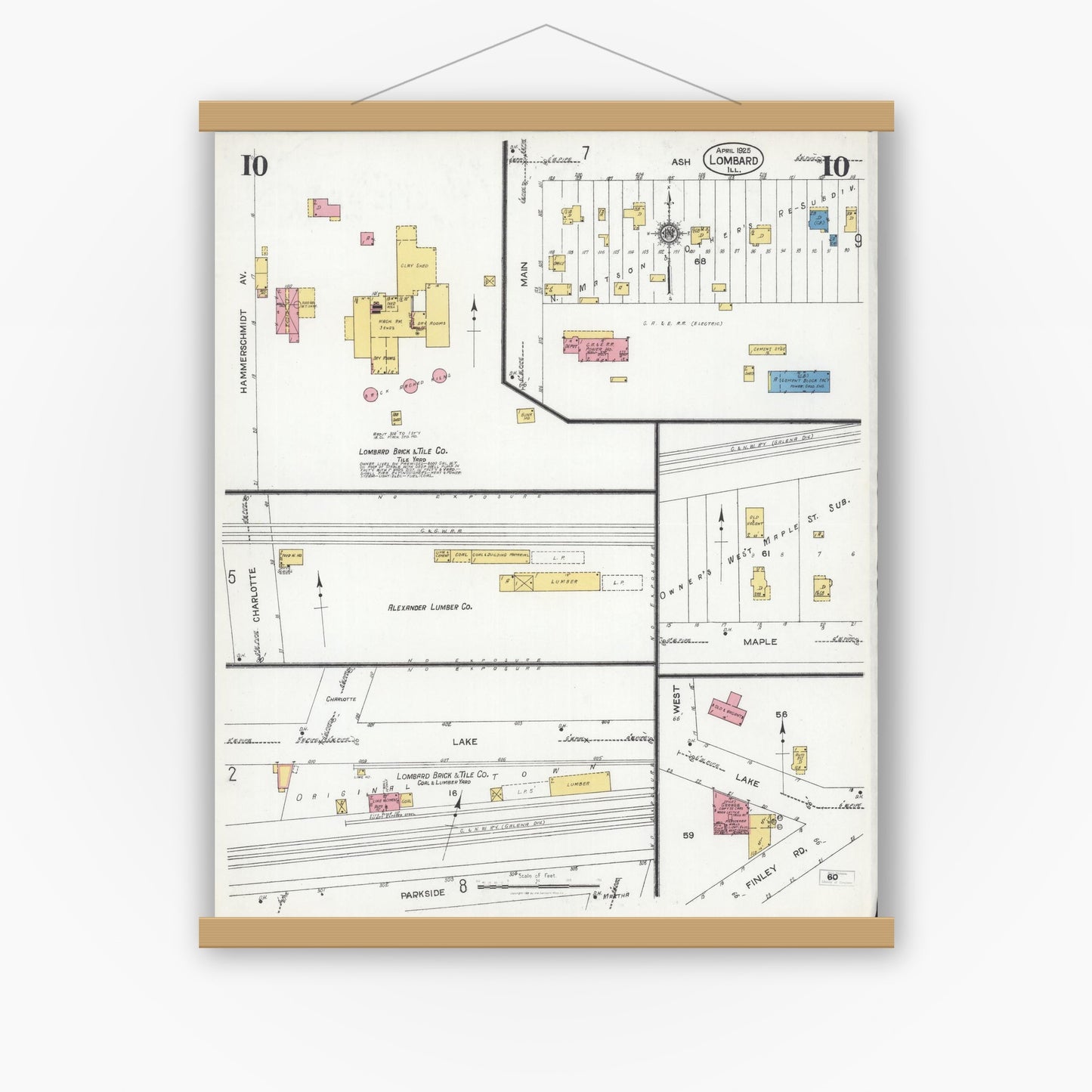 Old map wall art mockup — magnetic wood frame on white wall — Sanborn Fire Insurance Map from Lombard, Du Page County, Illinois (1925), Sheet #0010