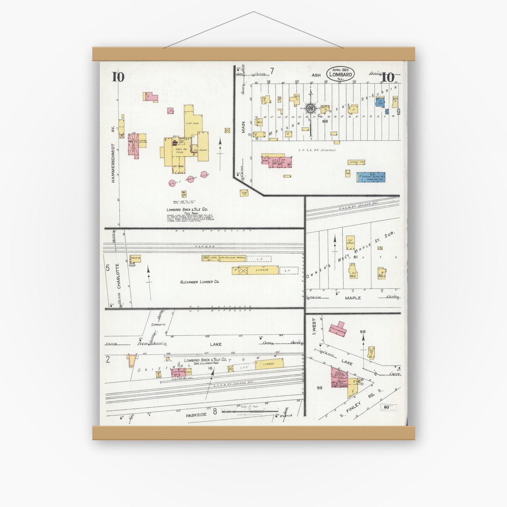 Old map wall art mockup — magnetic wood frame on white wall — Sanborn Fire Insurance Map from Lombard, Du Page County, Illinois (1925), Sheet #0010
