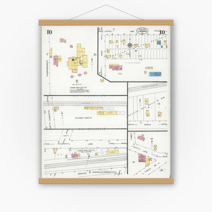 Old map wall art mockup — magnetic wood frame on white wall — Sanborn Fire Insurance Map from Lombard, Du Page County, Illinois (1925), Sheet #0010