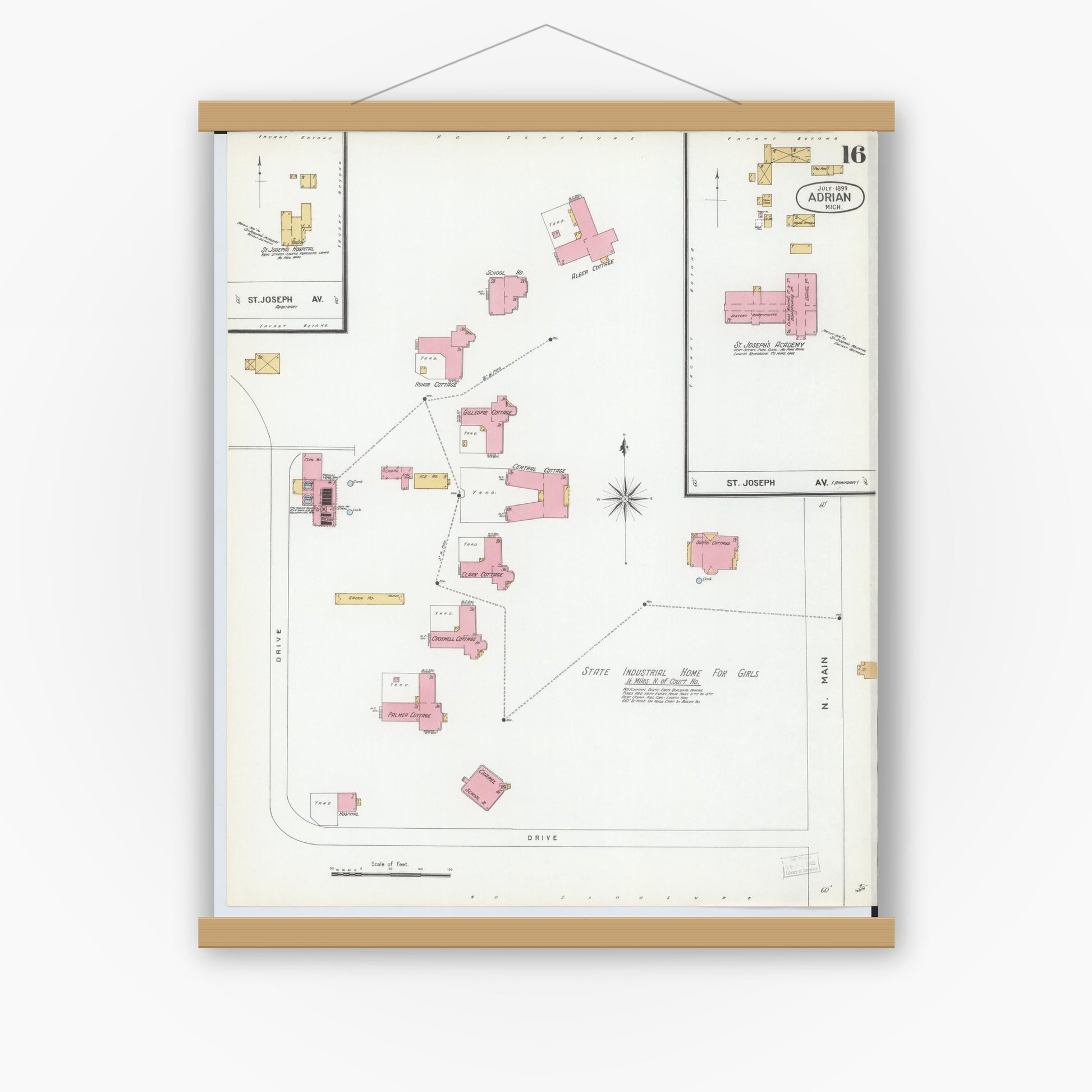 Old map wall art mockup — magnetic wood frame on white wall — Sanborn Fire Insurance Map from Adrian, Lenawee County, Michigan (1899), Sheet #0016