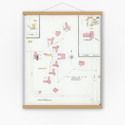 Old map wall art mockup — magnetic wood frame on white wall — Sanborn Fire Insurance Map from Adrian, Lenawee County, Michigan (1899), Sheet #0016