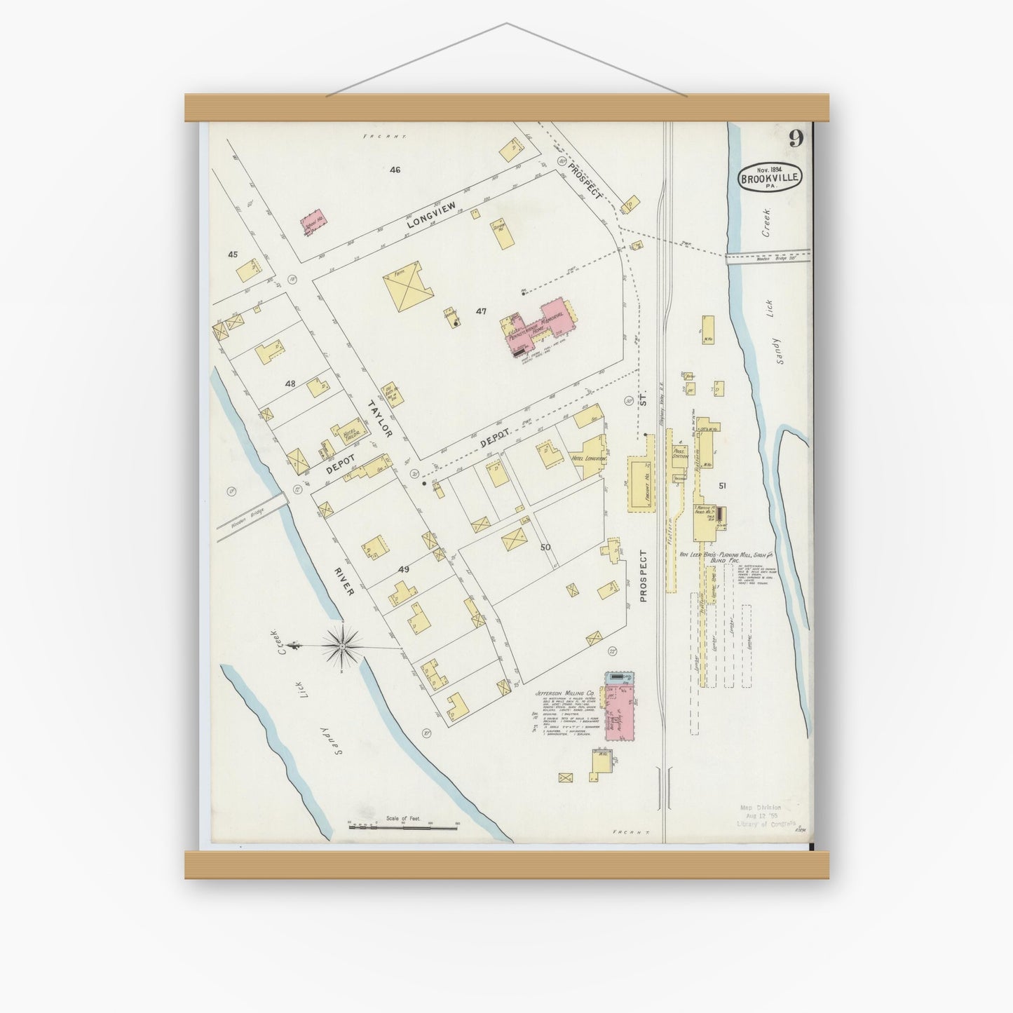 Old map wall art mockup — magnetic wood frame on white wall — Sanborn Fire Insurance Map from Brookville, Jefferson County, Pennsylvania (1894), Sheet #0009