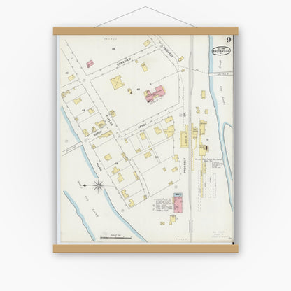Old map wall art mockup — magnetic wood frame on white wall — Sanborn Fire Insurance Map from Brookville, Jefferson County, Pennsylvania (1894), Sheet #0009