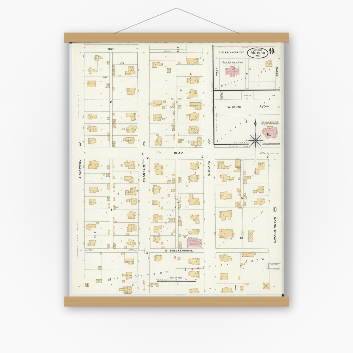 Old map wall art mockup — magnetic wood frame on white wall — Sanborn Fire Insurance Map from Mexico, Audrain County, Missouri (1908), Sheet #0009