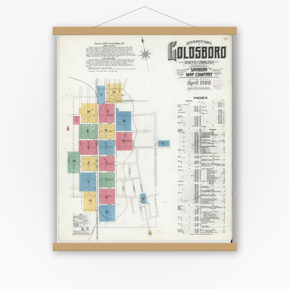 Old map wall art mockup — magnetic wood frame on white wall — Sanborn Fire Insurance Map from Goldsboro, Wayne County, North Carolina (1908) - Complete Map Set