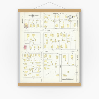 Old map wall art mockup — magnetic wood frame on white wall — Sanborn Fire Insurance Map from Denton, Denton County, Texas (1912), Sheet #0005