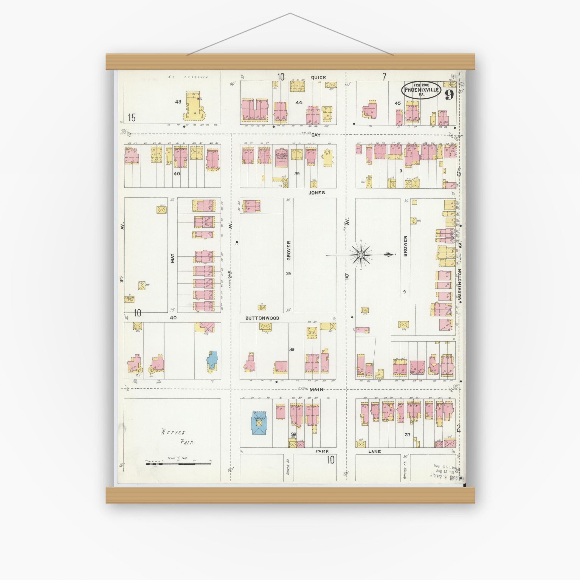 Old map wall art mockup — magnetic wood frame on white wall — Sanborn Fire Insurance Map from Phoenixville, Chester County, Pennsylvania (1906), Sheet #0009