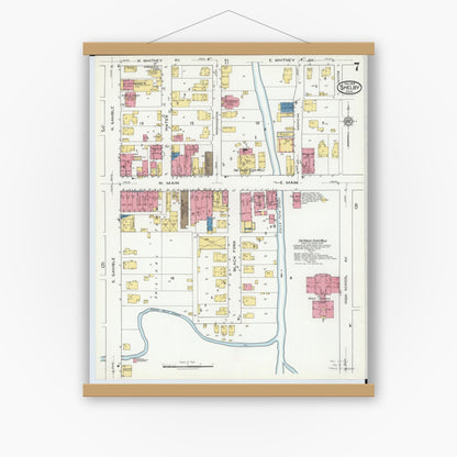 Old map wall art mockup — magnetic wood frame on white wall — Sanborn Fire Insurance Map from Shelby, Richland County, Ohio (1919), Sheet #0007