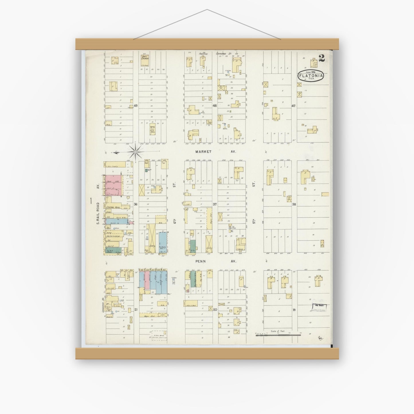 Old map wall art mockup — magnetic wood frame on white wall — Sanborn Fire Insurance Map from Flatonia, Fayette County, Texas (1896), Sheet #0002
