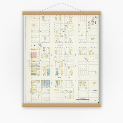 Old map wall art mockup — magnetic wood frame on white wall — Sanborn Fire Insurance Map from Flatonia, Fayette County, Texas (1896), Sheet #0002