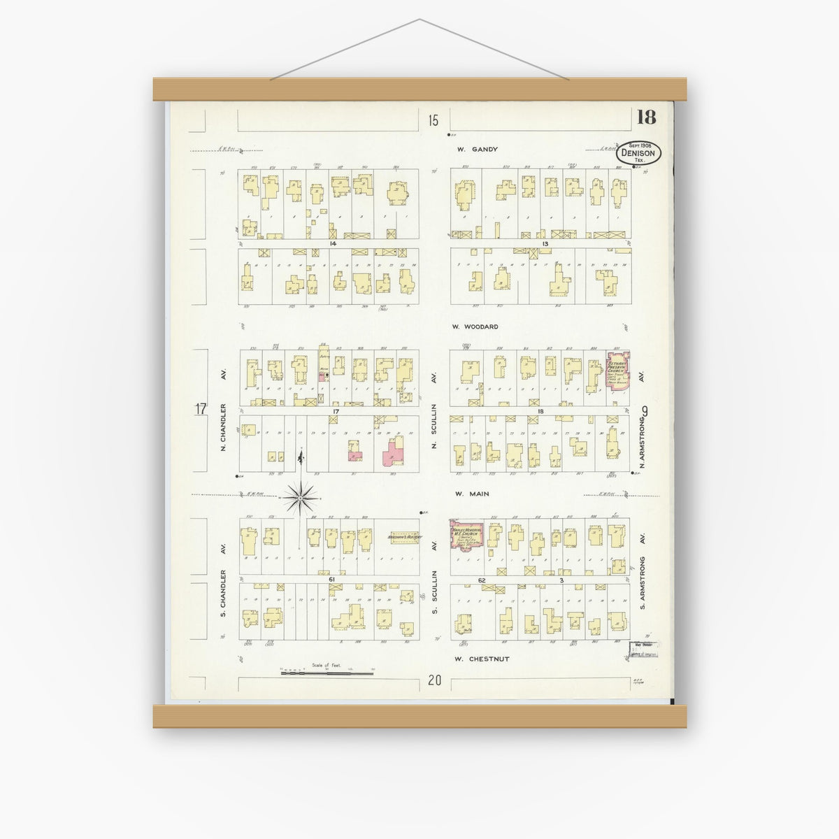 Old map wall art mockup — magnetic wood frame on white wall — Sanborn Fire Insurance Map from Denison, Grayson County, Texas (1908), Sheet #0018