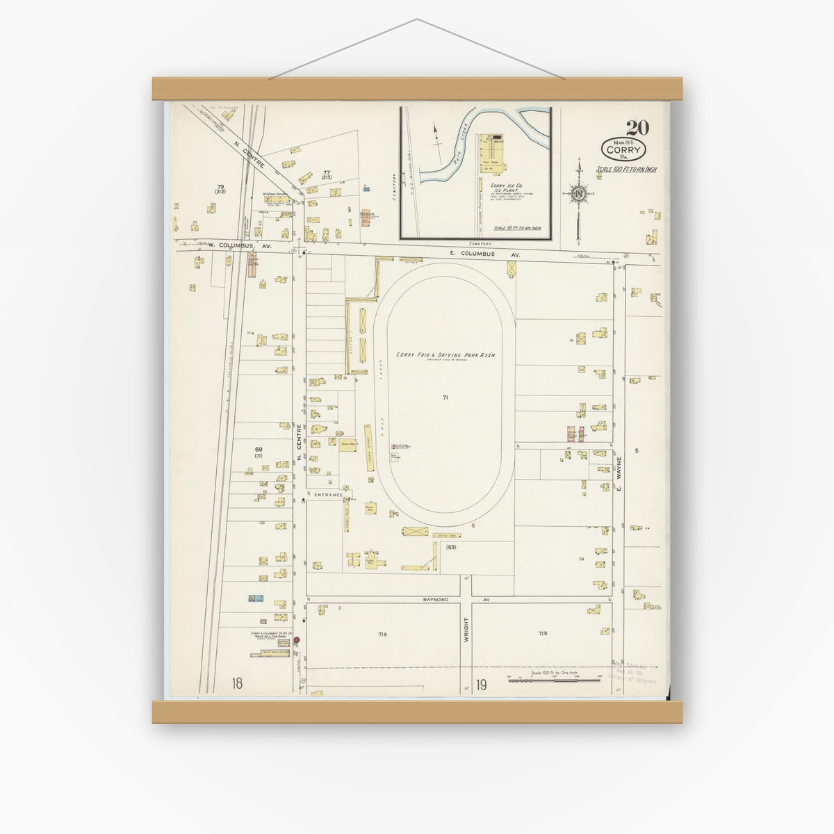 Old map wall art mockup — magnetic wood frame on white wall — Sanborn Fire Insurance Map from Corry, Erie County, Pennsylvania (1915), Sheet #0020