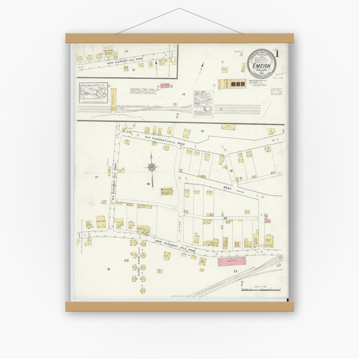 Old map wall art mockup — magnetic wood frame on white wall — Sanborn Fire Insurance Map from Emeigh, Cambria County, Pennsylvania (1916), Sheet #0001