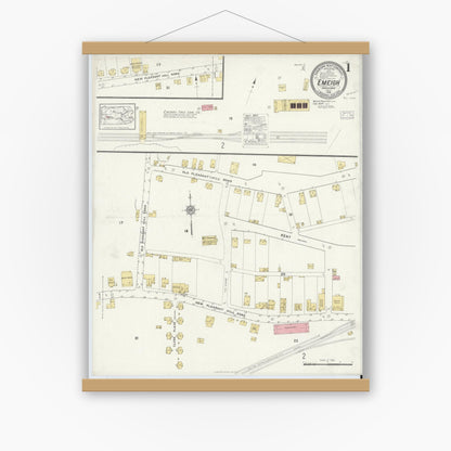 Old map wall art mockup — magnetic wood frame on white wall — Sanborn Fire Insurance Map from Emeigh, Cambria County, Pennsylvania (1916), Sheet #0001