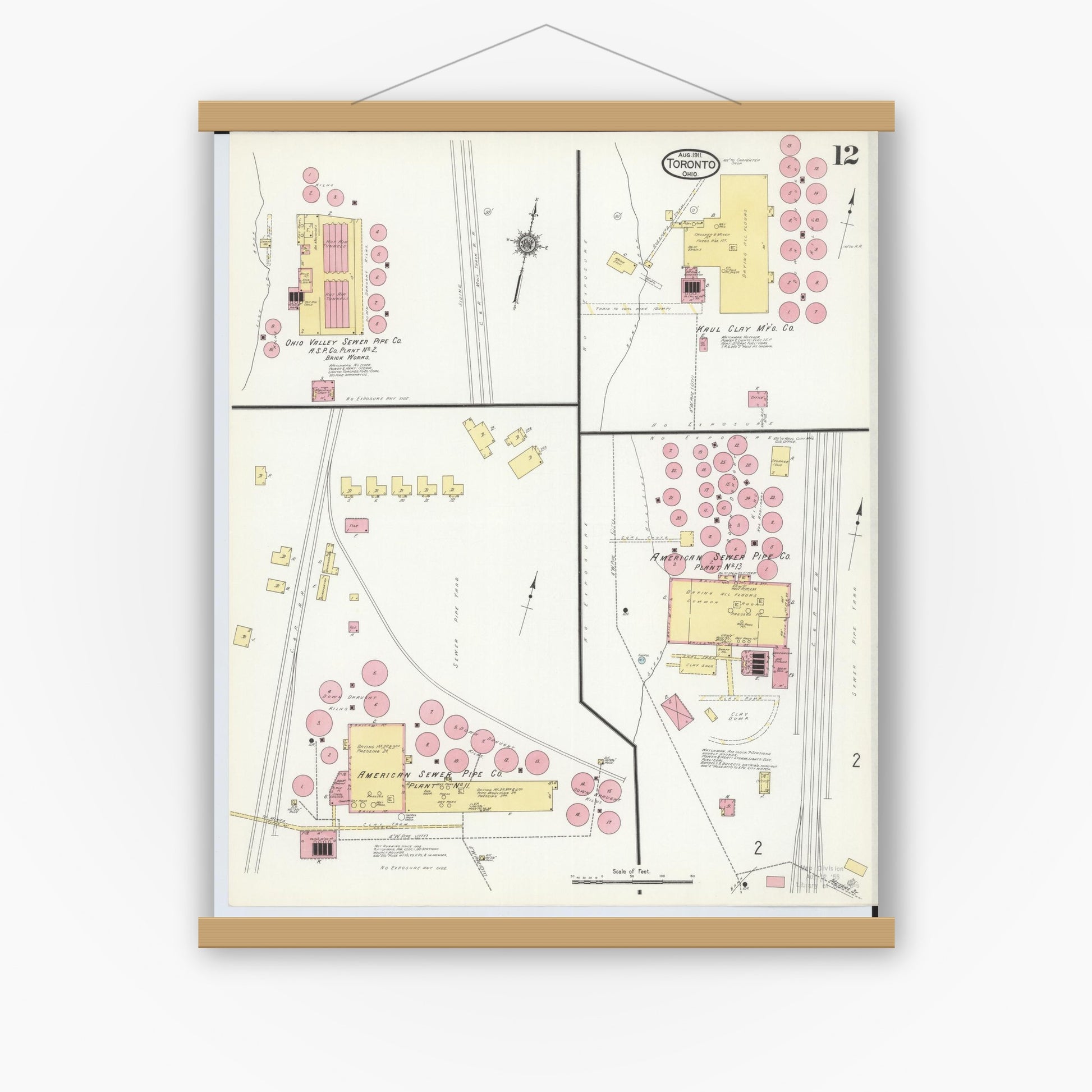 Old map wall art mockup — magnetic wood frame on white wall — Sanborn Fire Insurance Map from Toronto, Jefferson County, Ohio (1911), Sheet #0012