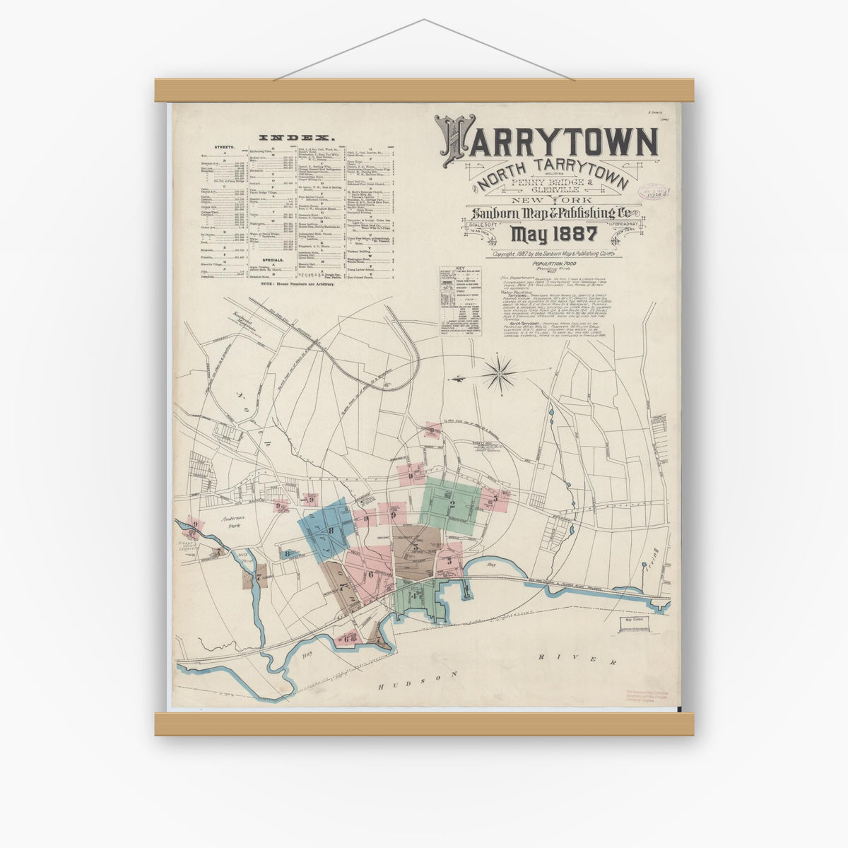 Old map wall art mockup — magnetic wood frame on white wall — Sanborn Fire Insurance Map from Tarrytown, Westchester County, New York (1887), Sheet #0001