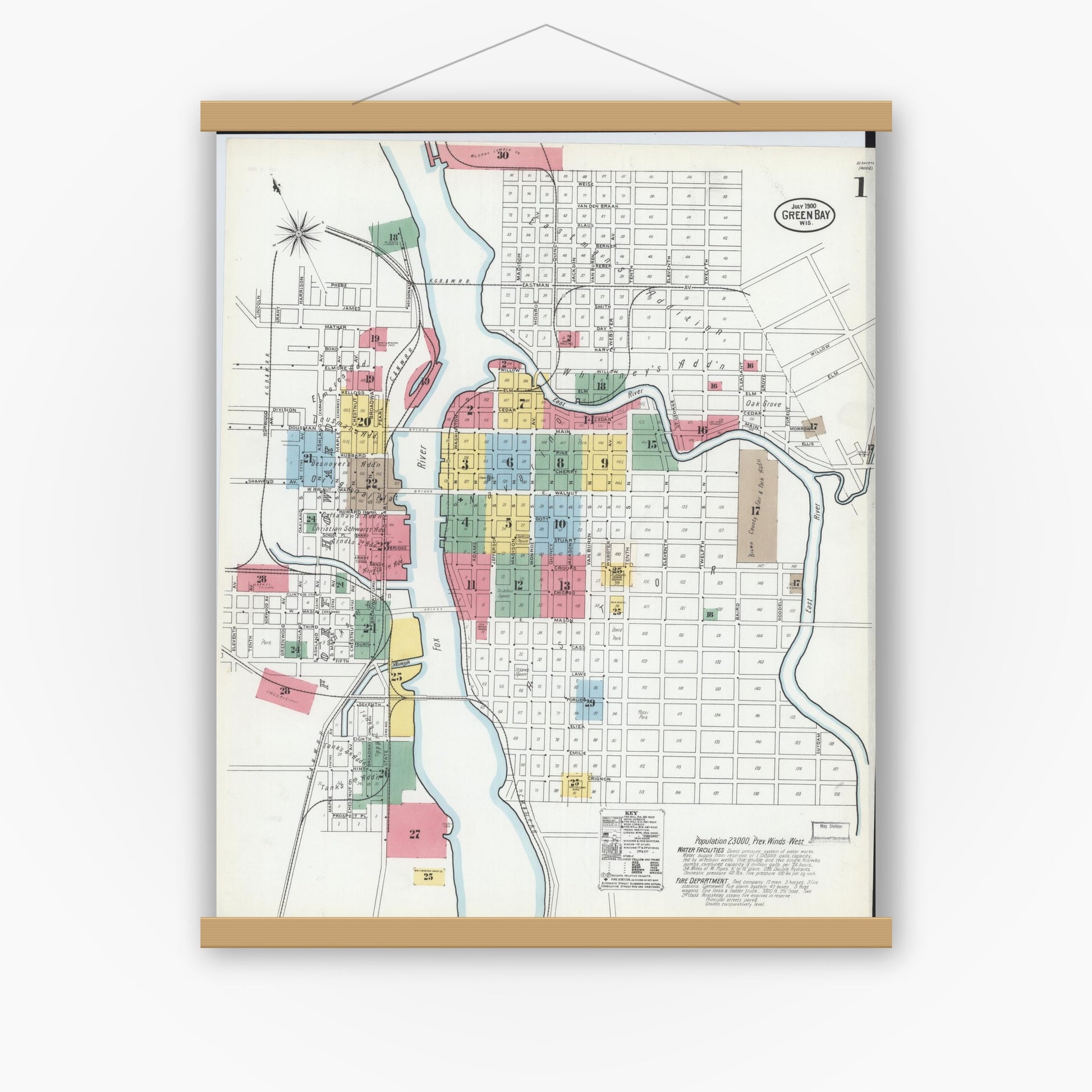 Old map wall art mockup — magnetic wood frame on white wall — Sanborn Fire Insurance Map from Green Bay, Brown County, Wisconsin (1900) - Complete Map Set