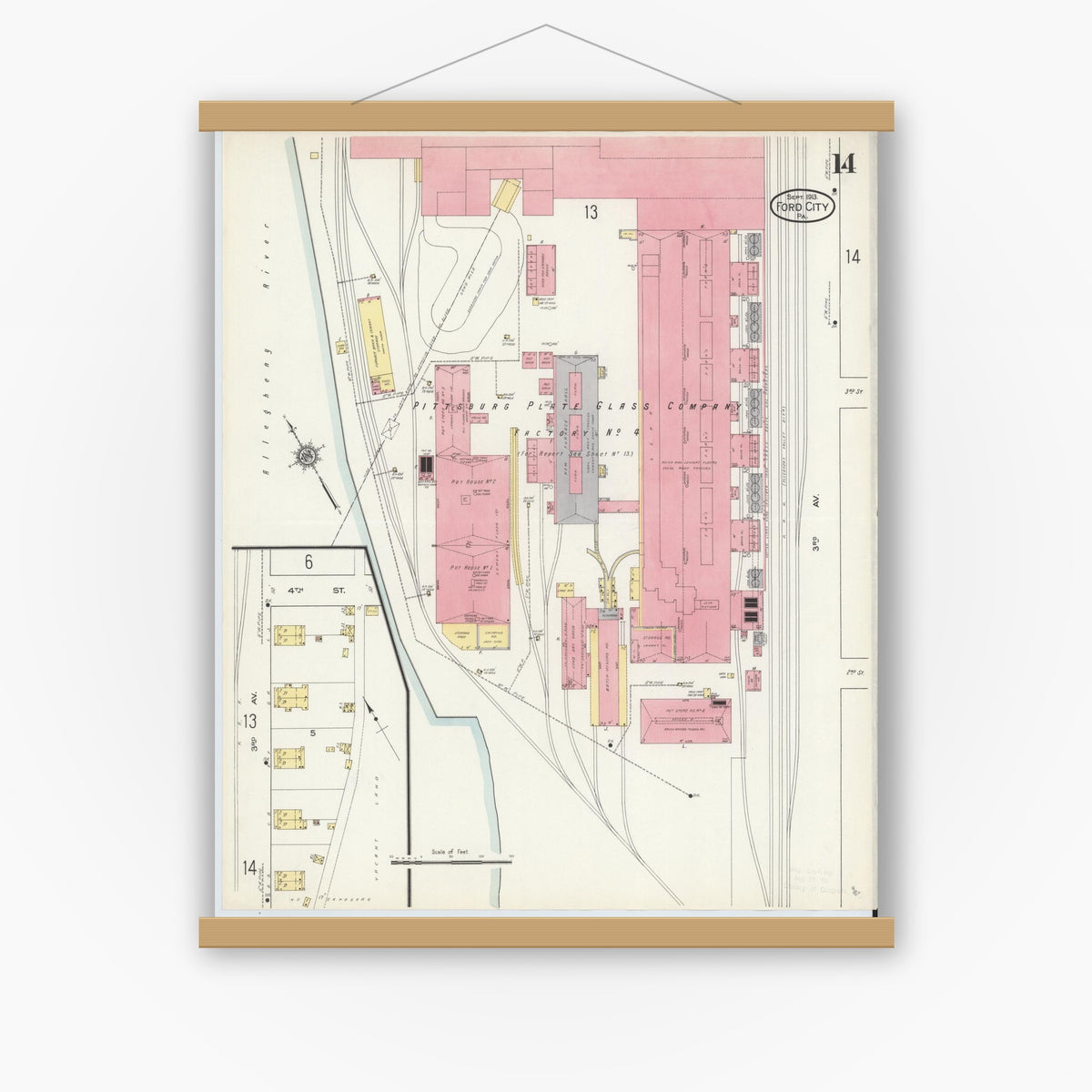 Old map wall art mockup — magnetic wood frame on white wall — Sanborn Fire Insurance Map from Ford City, Armstrong County, Pennsylvania (1913), Sheet #0014