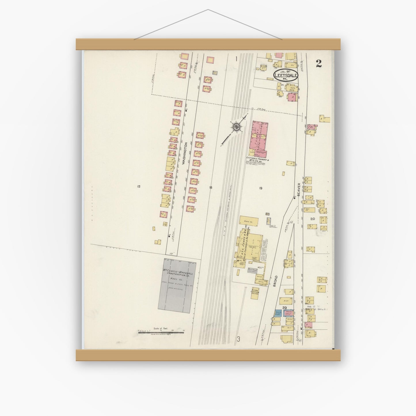 Old map wall art mockup — magnetic wood frame on white wall — Sanborn Fire Insurance Map from Leetsdale, Allegheny County, Pennsylvania (1917), Sheet #0002