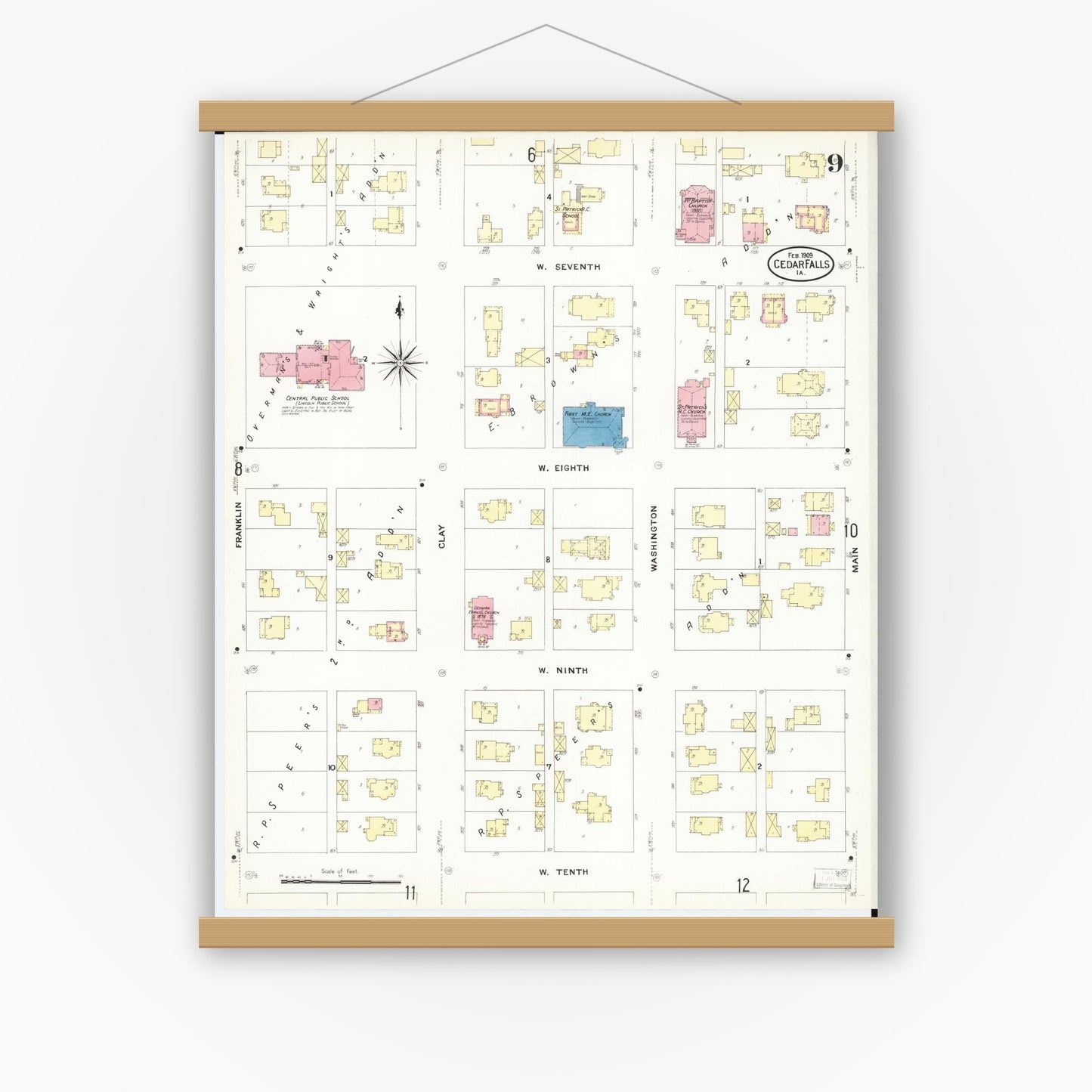 Old map wall art mockup — magnetic wood frame on white wall — Sanborn Fire Insurance Map from Cedar Falls, Black Hawk County, Iowa (1909), Sheet #0009