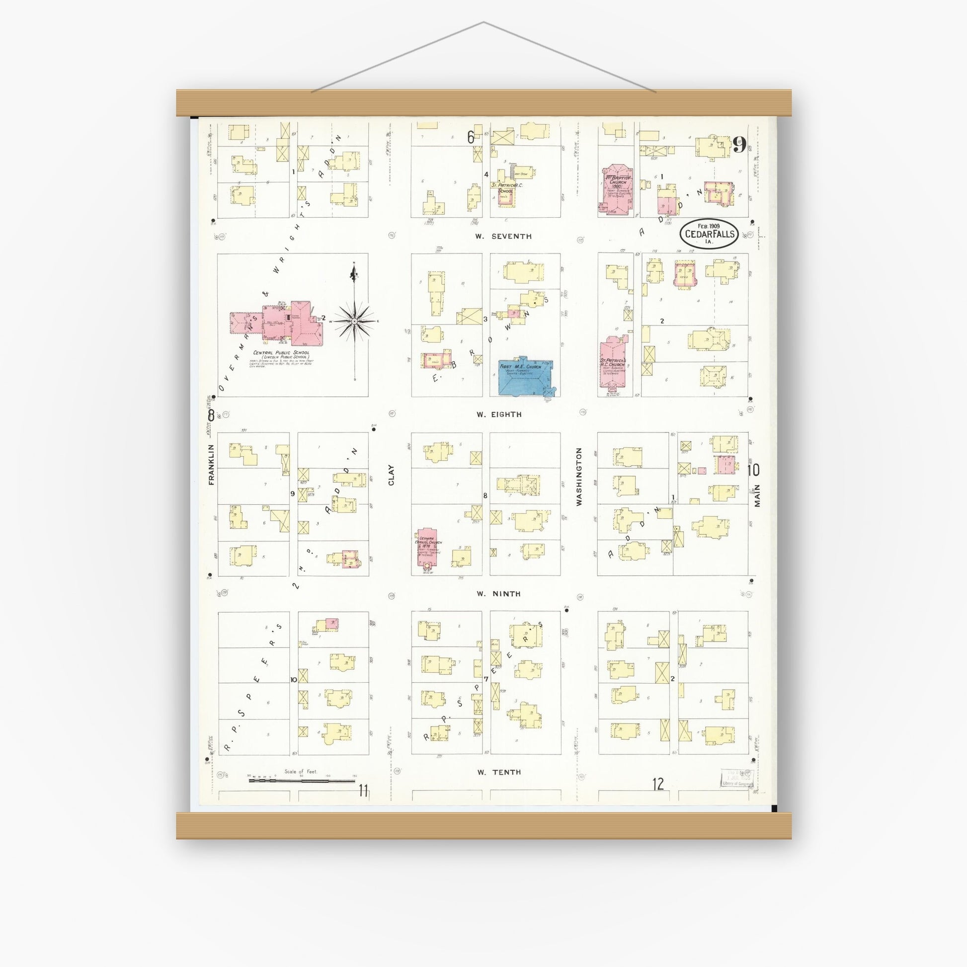 Old map wall art mockup — magnetic wood frame on white wall — Sanborn Fire Insurance Map from Cedar Falls, Black Hawk County, Iowa (1909), Sheet #0009